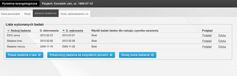Kartoteka pacjentów - lista wykonanych badań pacjenta