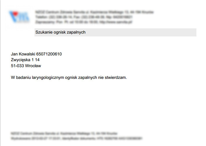 Kartoteka pacjentów - automatycznie wygenerowane zaświadczenie (format .pdf)