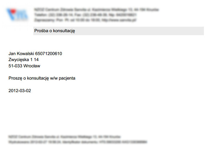 Kartoteka pacjentów - automatycznie wygenerowane zaświadczenie