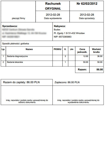 Kartoteka pacjentów - przykład wygenerowanego rachunku za usługę (format .pdf)