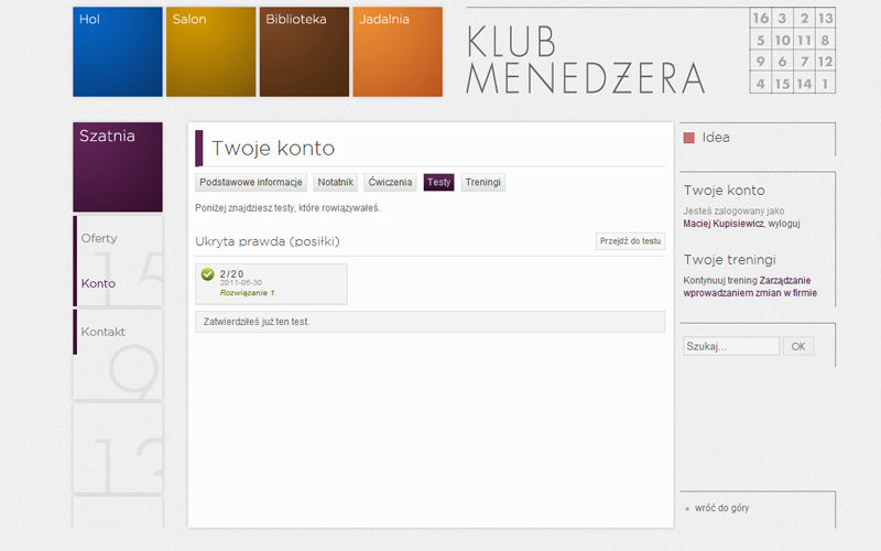 Klub Menedżera - lista testów na stronie konta użytkownika
