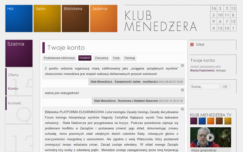 Klub Menedżera - podstrona z kontem użytkownika