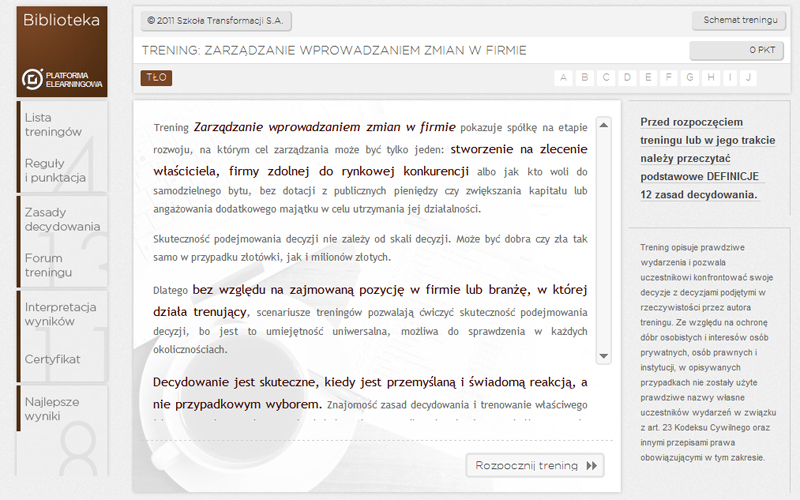 Platforma Elearningowa - rozpoczęcie gry