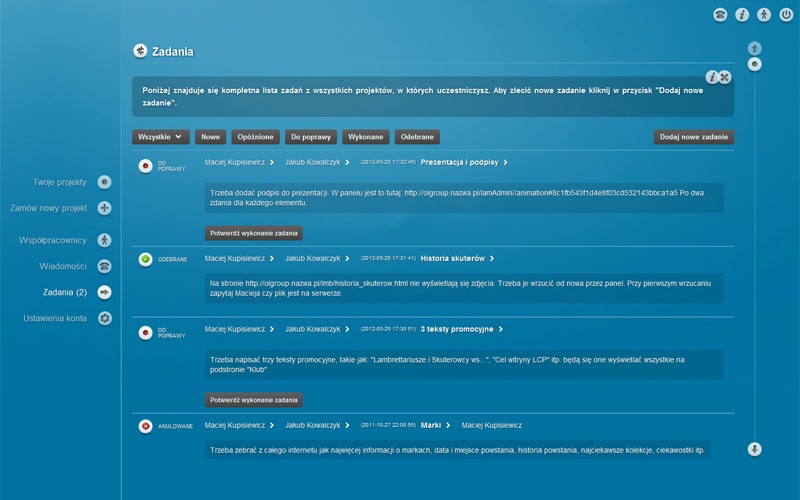 Zamawiacz Internetowy - lista zadań użytkownika